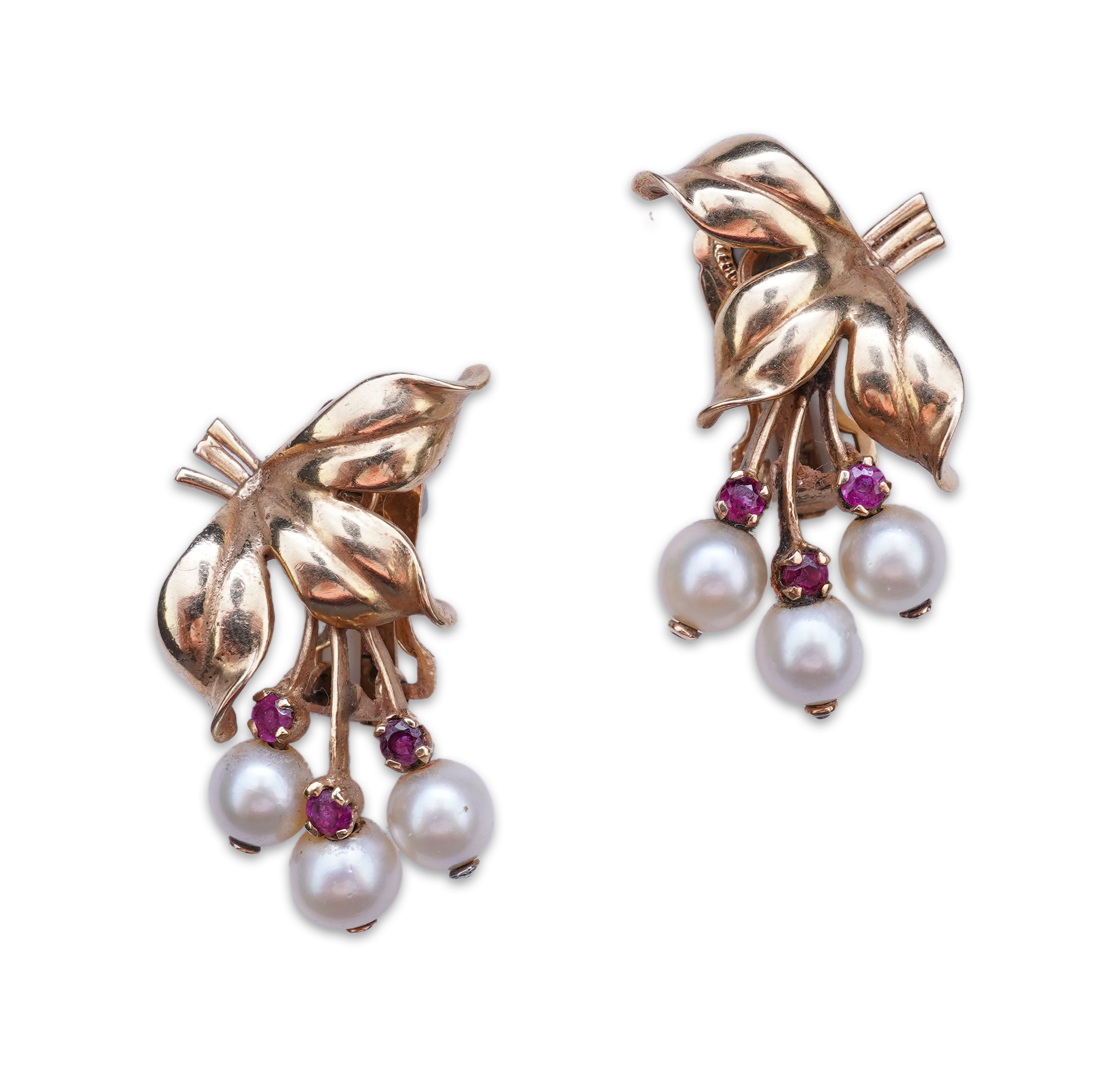 A pair of Retro cultured pearl and ruby ear clips, 1940s